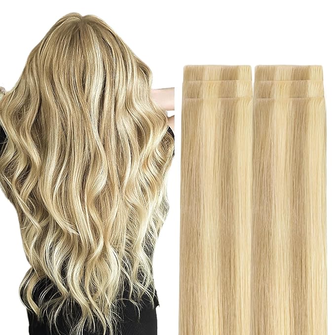 GOO GOO Invisi Edge Tape in Hair Extensions Human Hair, 18D/22F Dirty Blonde Highlights, 6pcs 18inch 15g, Virgin Remy Hair, Seamless Injected Tape, Natural Look