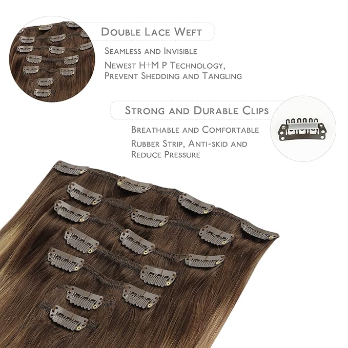WENNALIFE Clip in Hair Extensions Real Human Hair, 20 Inch 120g 7pcs Balayage Chocolate Brown to Dirty Blonde Hair Extensions Clip In Human Hair Remy Clip in Hair Extensions Natural Human Hair