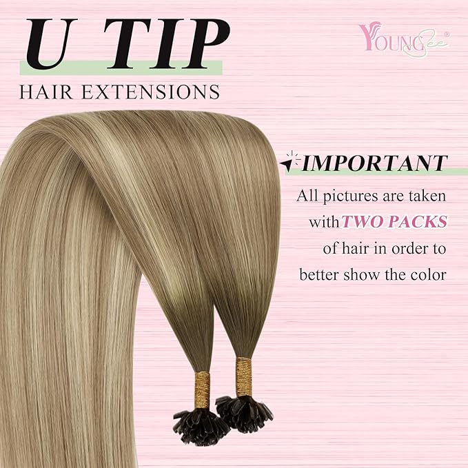 YoungSee U Tip Hair Extensions Balayage Keratin Tip Hair Extensions Balayage 24 Inch Long Utip Hair Extension Dark Brown Ombre Brown with Blonde U-Tips Hair Extension Real Human Hair 50s/50g