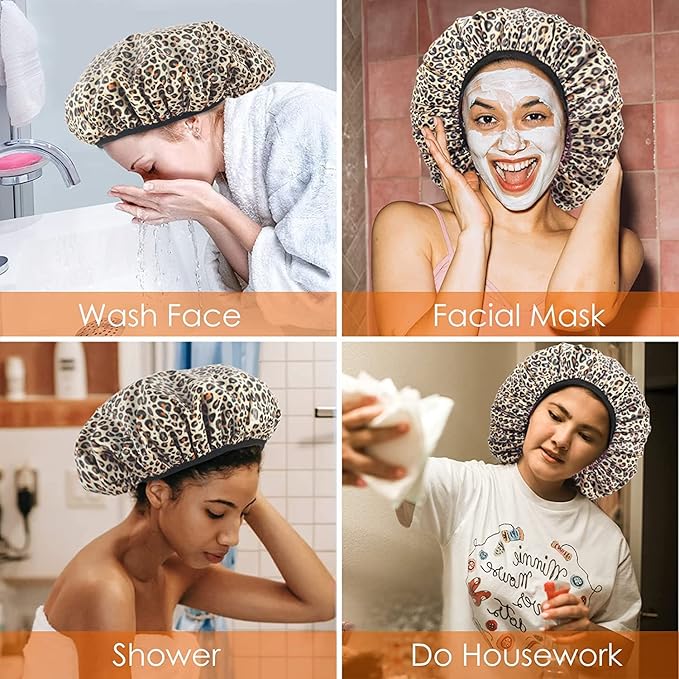 Auban Shower Cap, Shower Cap for Women Terry Cloth Lined EVA Exterior Reusable Double Layer Waterproof, Large Bath Hair Cap, Hotel Travel Essentials Accessories Cleaning Supplies (Leopard)