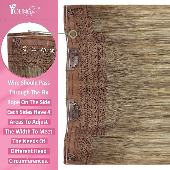 YoungSee 135G Wire Hair Extensions Real Human Hair Light Brown Wire Human Hair Extensions Balayage Light Brown with Blonde Fish Line Hair Extension for Women 24 Inch