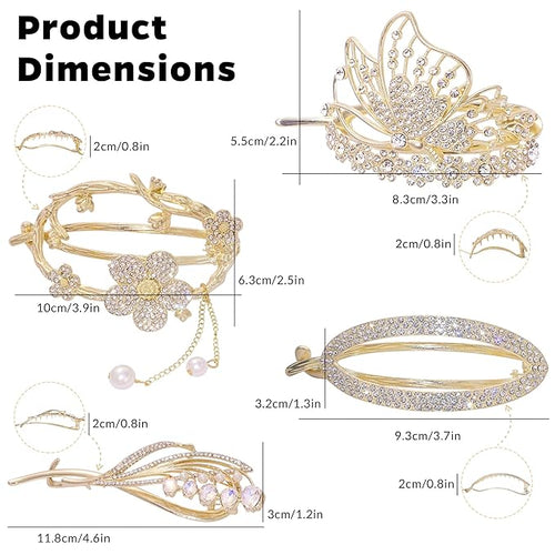 4PCS Metal Twisted Hair Claw Clips Set, Rhinestone Pearl Butterfly & Floral Hair Clamps, Medium/Thin Hair Accessories Barrettes Non Slip Jaw Hair Claw Metal Sparkly Flat Hairclips for Women