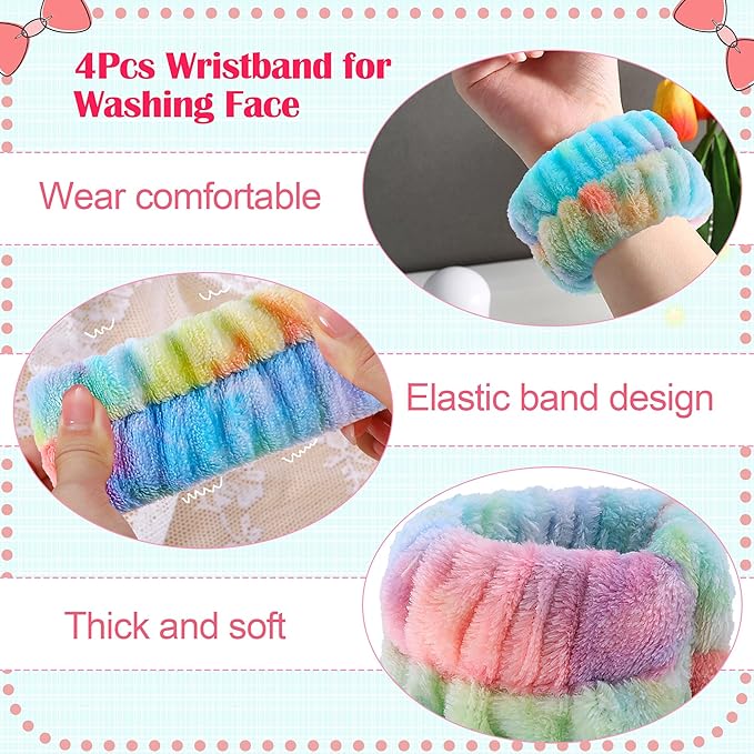 WSYUB Spa and Makeup Headband Set - Gorgeous Tie Dye Color Cosmetic Headband and Absorbent Wrist Towels for Skincare, Face Washing, and Makeup Application (6 pcs)