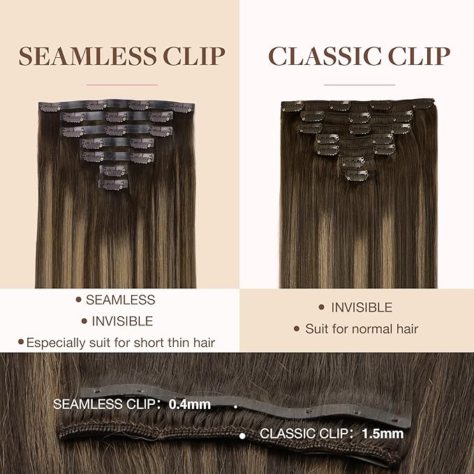 GOO GOO Clip in Hair Extensions Real Human Hair, Remy Human Hair Extensions Clip ins for Women, Natural Human Hair, 22 Inch 140g 7Pcs, 4/27/4 Balayage Chocolate Brown to Caramel Blonde