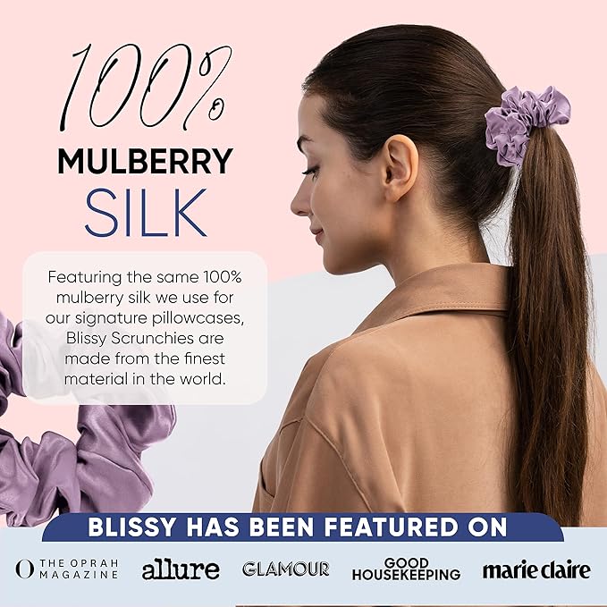 Blissy Silk Scrunchies (3 Pack) - 100% Pure Mulberry Silk - 22 Momme 6A High-Grade Fibers Scrunchie for Straight & Curly Hair - Preventing Breakage, Tangling, & Creasing (Lavender Regular)