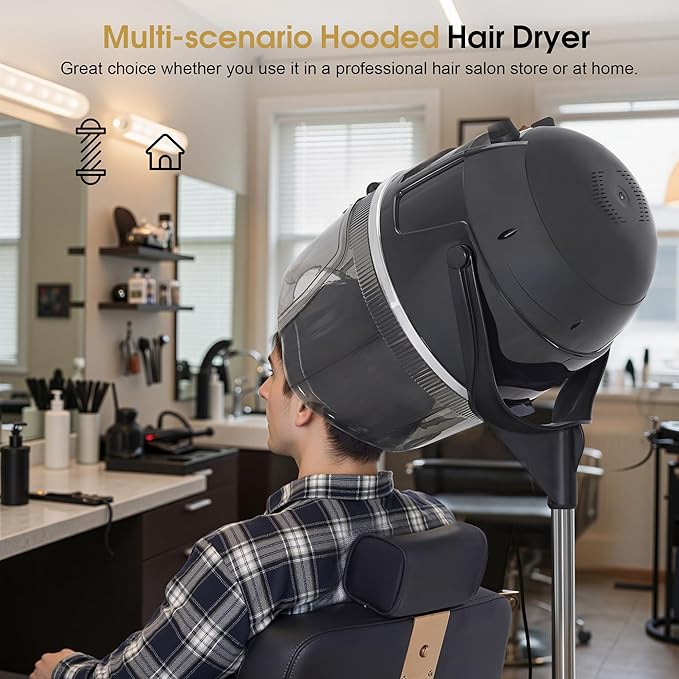 BarberPub 1300W Hooded Hair Bonnet Dryer with Stand, Height Adjustable Floor Standing Rolling Base, Beauty Salon Equipment with 360° Rotation VHD08 (Black)
