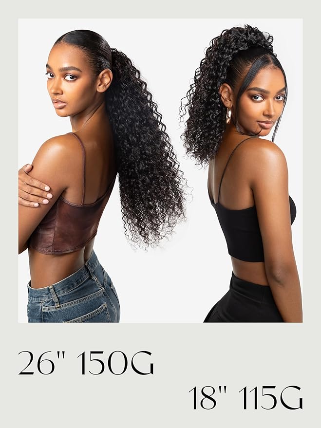 Frodio Clip in Ponytail Extension Human Hair for women 26 Inches Long Water Wave Curly Extension Ponytail Natural Color