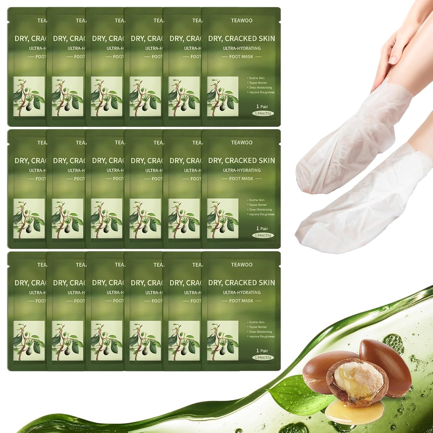 18 Pairs Moisturizing Foot Masks with Shea Butter, Jojoba Oil, Vitamin E & Urea, Intensely Hydrating Foot Mask For Dry Cracked Feet, Moisturizing Socks for Cracked Heel Treatment