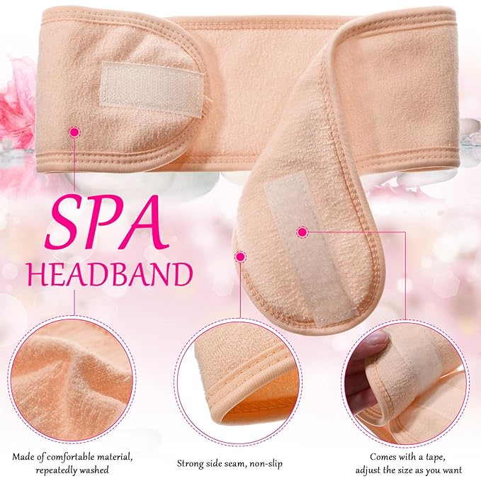 Hoteam 30 Pack Spa Headband Facial Esthetician Hair Wrap for Women Adjustable Makeup Sports Shower Stretch Towel with Tape(Light Pink)