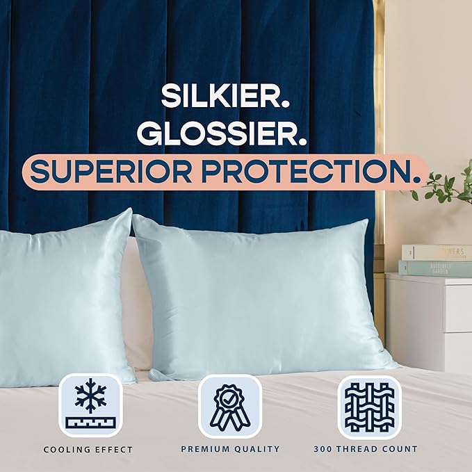 BLISSFORD Satin Pillowcase with Zipper, for Hair and Skin Care, Feels Soft and Cool Like a Silk Pillowcase, Satin Pillow Cases 2 Pack, Slik Pillow Cover, Baby Blue - Standard Size, Set of 2
