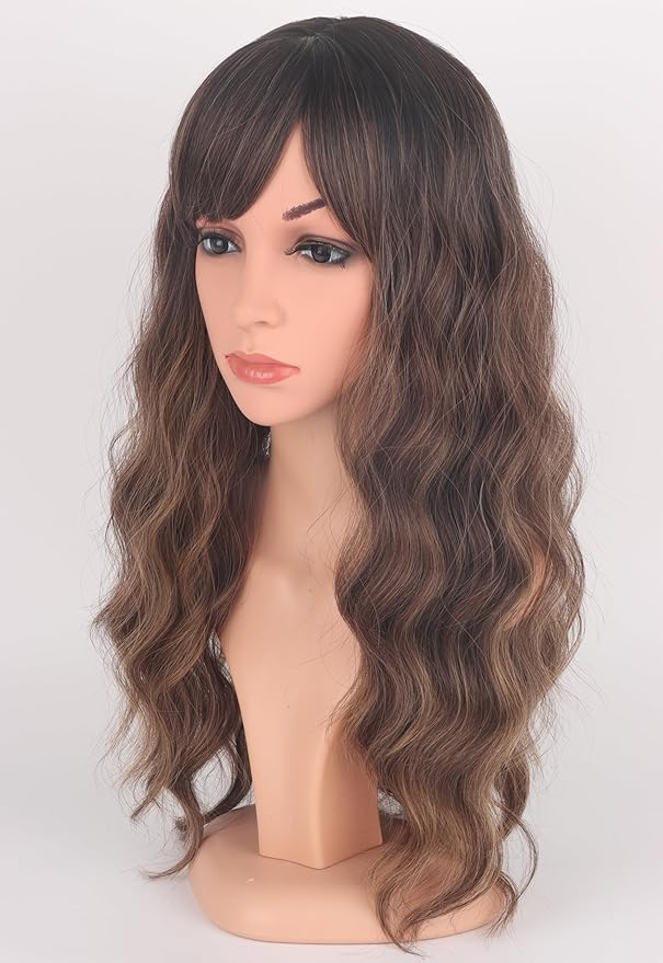 Ombre Brown Wavy Wigs With Bangs, Medium Long Synthetic Hair Replacement Wigs for Daily Use, 18 Inch