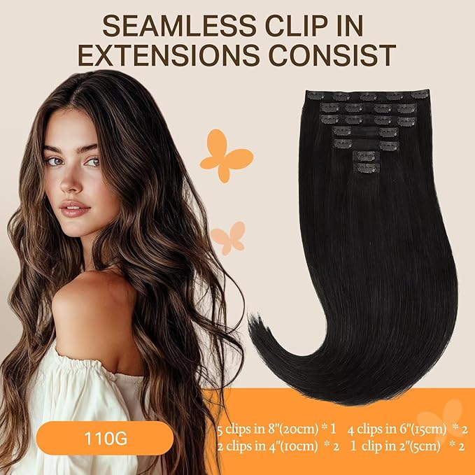 DOORES Seamless Clip-in Hair Extensions, Natural Black 22 Inch 110g 7pcs, Real Human Remy Hair with Skin Weft Invisi Edge Straight