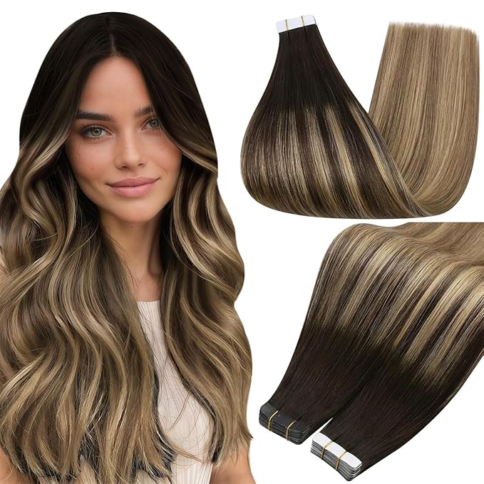 Full Shine Human Hair Tape in Extensions Color 2 Darkest Brown Ombre 8 Ash Brown Highlight with 27 Blonde Double Sided Tape in Hair Extensions 22Inch Long Seamless Skin Weft 50G 20Pcs
