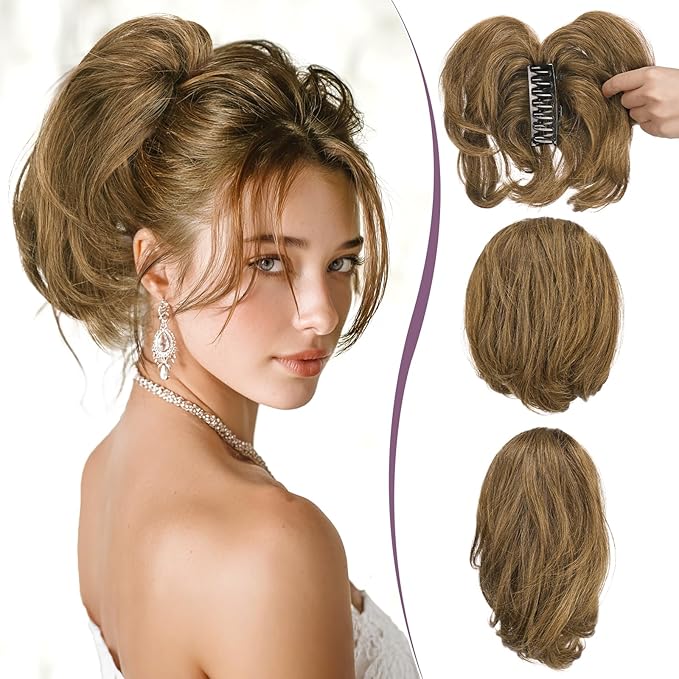 RUWISS Claw Clip Short Human Hair Ponytail Extension with Bendable Metals for DIY Styles Straight Messy Bun Hair Piece for Women Hairpieces for Daily Wear,9 Inch Light Brown Highlighted Dark Brown