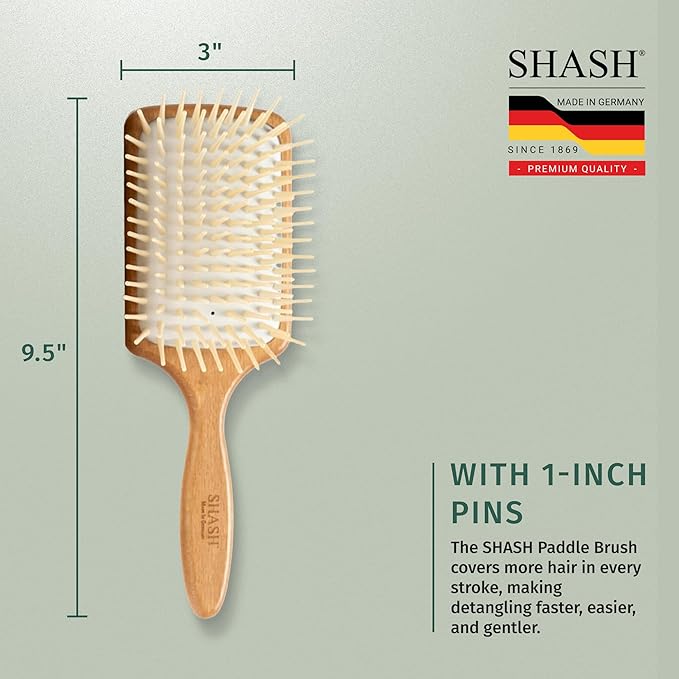 Made in Germany - SHASH Paddle Hair Brush for Hair Extensions, Thick And Curly Hair - Detangler With Long Pins & Rubber Cushion - Helps Detangle Knots, Eliminate Frizz, Reduce Pulling & Snagging