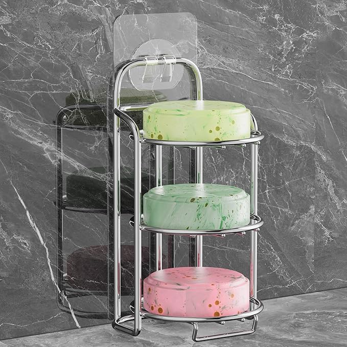 Silver 3-Tier Shower Soap Shampoo Bar Holder, Self Adhesive & Freestanding Draining Soap Dish Caddy for Bathroom Wall Accesories Decor