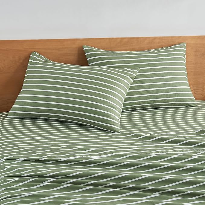 JELLYMONI 100% Natural Cotton Striped King Pillowcases Set, 2 Pack Green and White Stripes Pattern Printed Pillow Covers with Envelope Closure(Pillows are not Included)