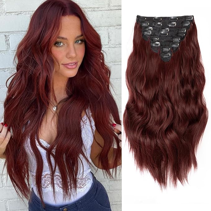 Clip in Hair Extensions for Women, 20 Inch 8PCS Red Hair Extensions Clip Ins Wavy, Synthetic Curly Hairpieces for Women, Invisible Lace Weft Hair Extension