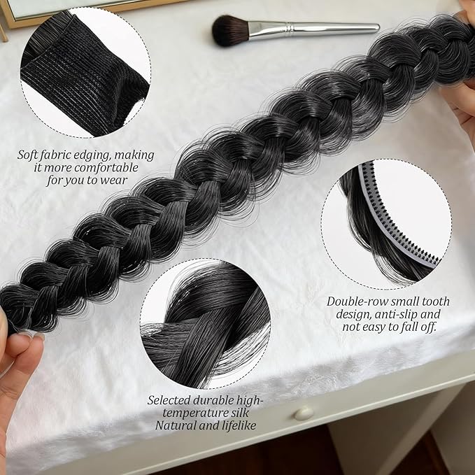 2PC Braided Headband with Tooth – Wide Faux Hair Braid Wig Hairband, Messy Fishbone & Geflochten Haarband Shape – for Women Fashion Accessories for Oktoberfest, Wedding, Parties, Comb Fit(Black)