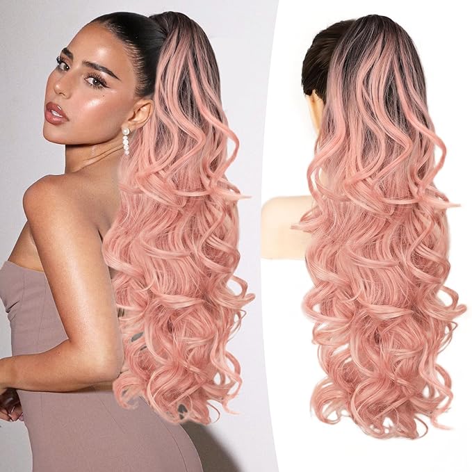 ALXNAN Ponytail Extension,24 Inch Claw Clip in Long Curly Wavy Omber Black to Pink Ponytail Hair Extension Jaw Clip on Pony Tails Hairpiece for Women
