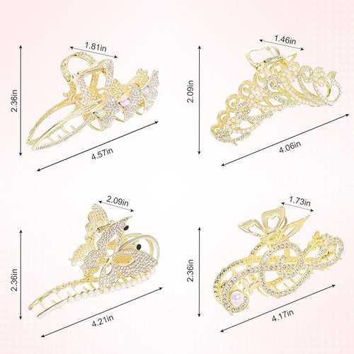 4Pcs Large Metal Hair Claw Clips with Rhinestones & Pearls, Peacock-Music Note-Butterfly-Ginkgo Non-Slip Hair Clips for Thin/Medium/Thick Hair, Gold Sparkly Strong Hold Hair Claws for Women Girls