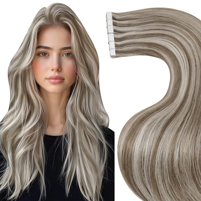 LaaVoo Tape in Hair Extensions Human Hair Ombre Hair Extensions Tape in Brown Blonde Highlights Tape on Extensions Soft Hair 16inch 50g 20pcs