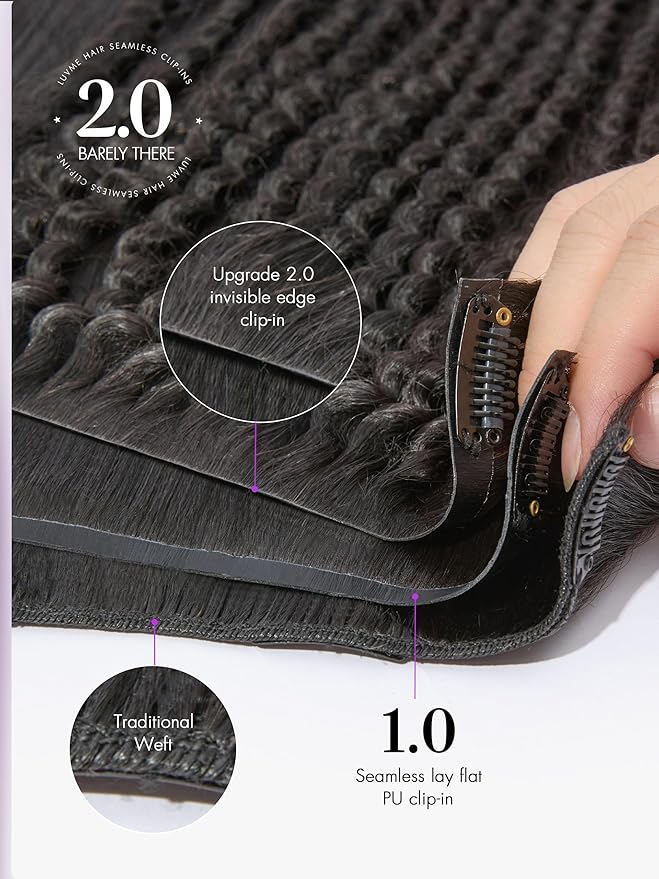 LUVME Invisible Clip ins Hair Extensions Deep Kinky Curly Real Human Hair Remy Hair Clip ins for Women, Natural Human Hair 22 inch 2 Pack 220g 12Pcs, Natural Black