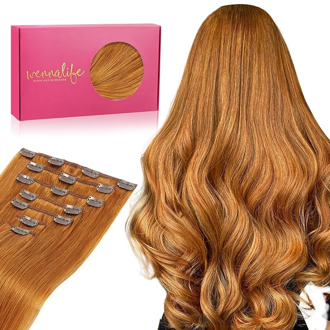 WENNALIFE Clip in Hair Extensions Real Human Hair, 16 Inch 120g 7pcs Clip in Hair Extensions Real Human Hair, Auburn Ginger Human Hair Clip in Extensions Remy Human Hair Extensions Clip Ins Double Wef