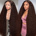 30 Inch Chocolate Brown Deep Wave Lace Front Wigs Human Hair 210 Density 13x6 HD Lace Frontal Wigs Human Hair Pre Plucked Brown Curly Glueless Wigs Human Hair for Women