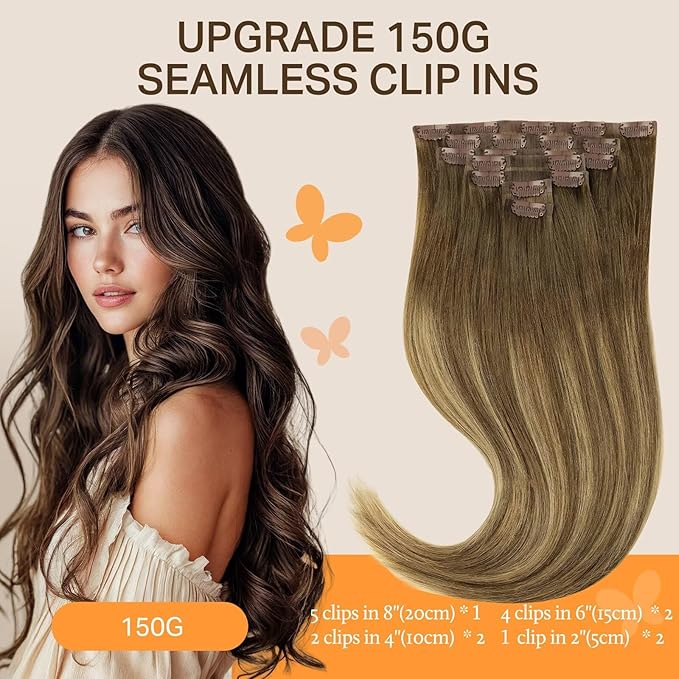 DOORES Hair Extensions Seamless Clip in Extensions, Medium Brown Highlighted Dirty Blonde, 20 Inch, 150g, 7pcs, Invisi Edge Human Hair Extensions Straight Thick Hair