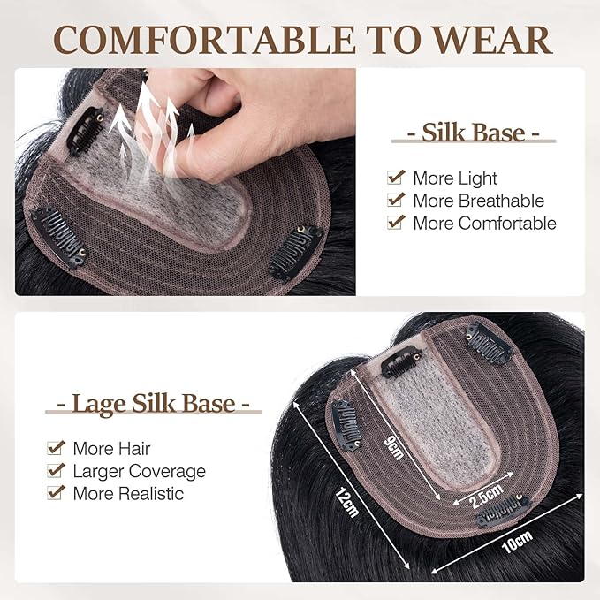 Rich Choices Hair Toppers for Women Real Human Hair 100% Human Remy Toppers NO Bangs for Women with Thinning on Top Clip in Hairpiece 4"x4.7"Lace Base 6 Inch #1 Jet Black