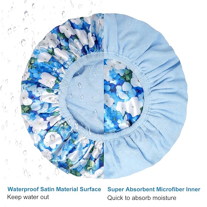 Upgraded Waterproof Terry Shower Caps, Reusable Shower Cap for Women with Long Hair, Soft Absorbent Hair-Protecting Towel Lining Bath Cap, Large Leak-Proof Hair Cap with Fashionable Print Outer-Blue