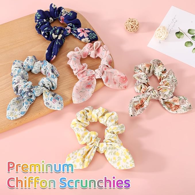 5Pcs Hair Scrunchies for Women,Bunny Ear Scrunchies Hair Ties,Cute Ponytail holder for Thick Hair,Colorful Ponytai Holder,Chiffon Hair Band,Hair Accessories for Women Girls