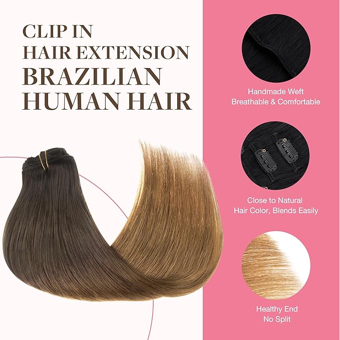 GOO GOO Clip in Hair Extensions Real Human Hair, Remy Human Hair Extensions Clip ins for Women, Natural Human Hair, 22inch 150g 9Pcs, 1D/2C/4E Chocolate Dip Color Melt