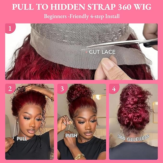 250 Density Hidden Strap Water Wave 360 99j Burgundy Glueless Wigs Human Hair Pre Plucked Pre Bleached Human Hair Wig With Drawstring Wet and Wavy HD Full Lace Front Wigs Human Hair 18 Inch