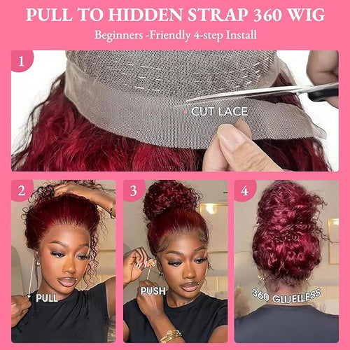 250 Density Hidden Strap Water Wave 360 99j Burgundy Glueless Wigs Human Hair Pre Plucked Pre Bleached Human Hair Wig With Drawstring Wet and Wavy HD Full Lace Front Wigs Human Hair 28 Inch