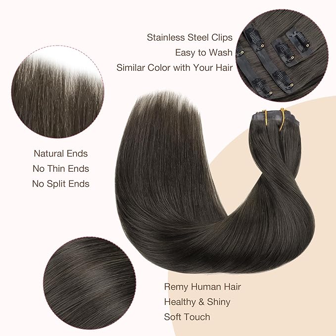 GOO GOO Clip in Hair Extensions Real Human Hair, Remy Human Hair Extensions Clip ins for Women, Natural Human Hair, 22inch 110g 7Pcs, 1C Mocha Brown