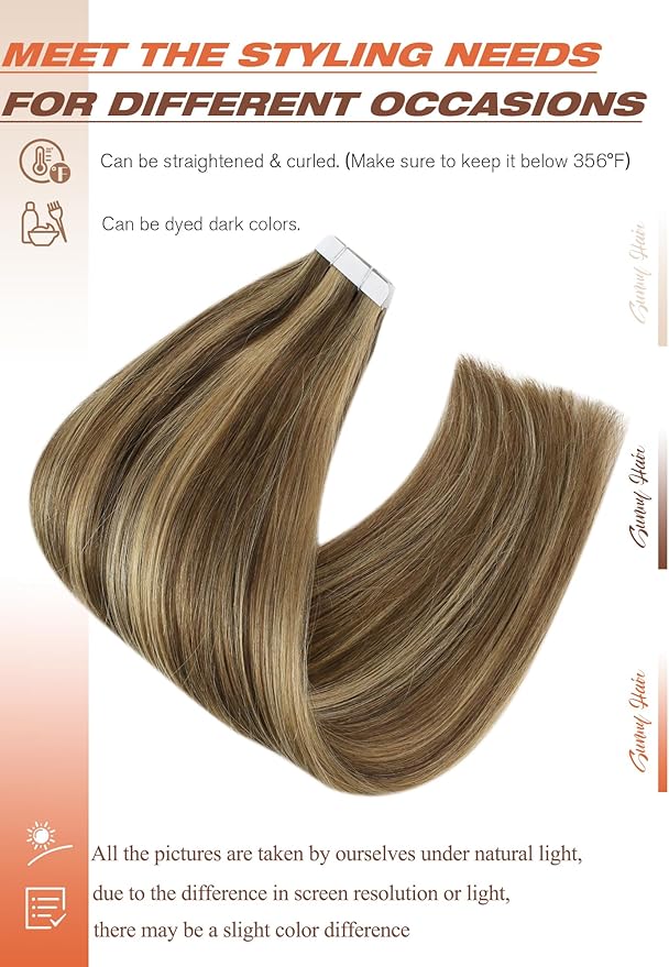 Sunny Hair Tape in Hair Extensions Human Hair 14 Inch Hair Extensions Real Human Hair Tape in Extensions for Women Medium Brown Highlights Caramel Blonde Remy Hair Straight Skin Weft 40pcs 100g