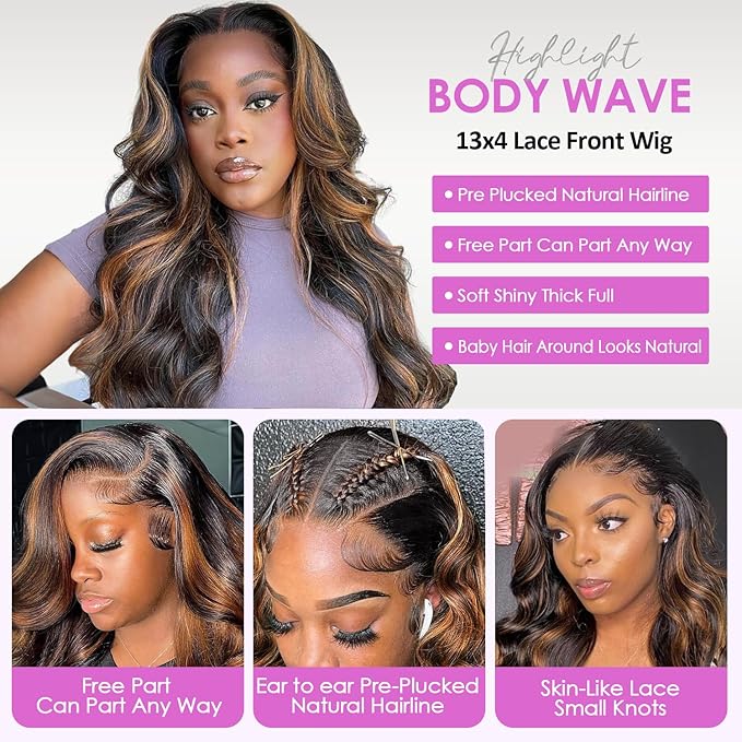30 inch Highlight Body Wave Lace Front Wigs Human Hair Pre Plucked 200 Density 1B/30 Ombre Frontal Wigs Human Hair 13x4 Transparent Lace Wig Glueless Balayage Wigs for Women