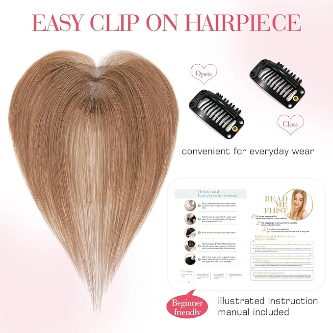 Hairro Human Hair Toppers For Women Wispy Thin Short Wiglet Hairpieces Natural No Bang Middle Part Side Bangs Hair Clip 11 Inches 14.5g #06 Light Brown