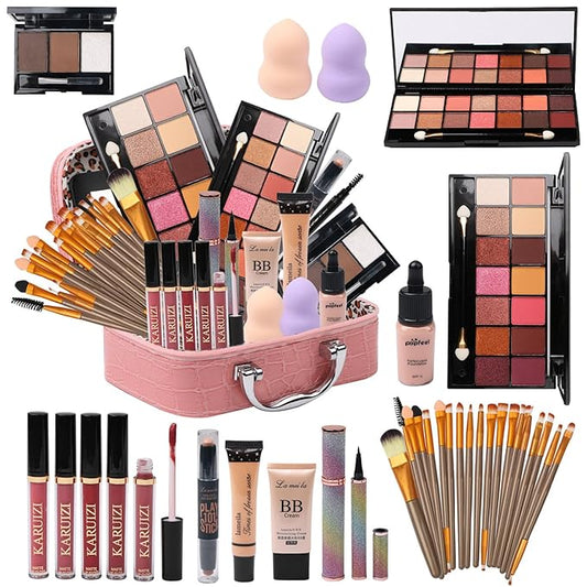 All in One Makeup Kit for Makeup storage bag 2X14 Colors Eyeshadow Palette Liquid Foundation Eyeliner Pencils Contouring Stick Lip Gloss Eyebrow Pencils 20Pcs Makeup Brushes etc For Women Girls Teens (Pink)