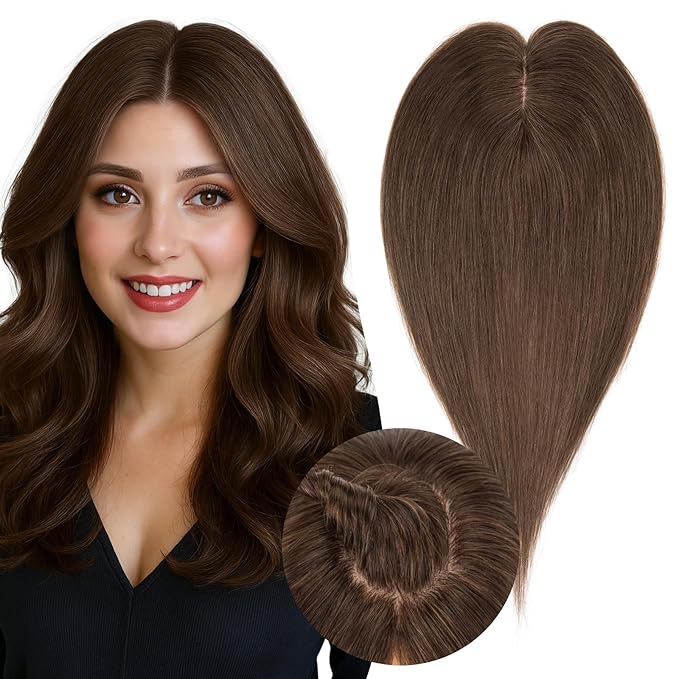 Real Human Hair Toppers for Women 3.54"*4.72" Silky Base 150% Density No Bangs Adjustable Parting Clip-In Topper Hairpieces for Women with Thinning Hair 10 Inches Dark Brown