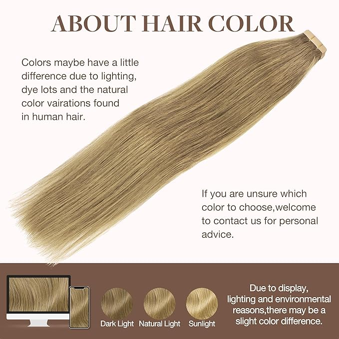 GOO GOO Tape in Hair Extensions Human Hair, 7 Bronde, 26inch 60g 20pcs, Skin Weft Seamless Invisible, Silky Straight with Thick Ends, Remy Human Hair