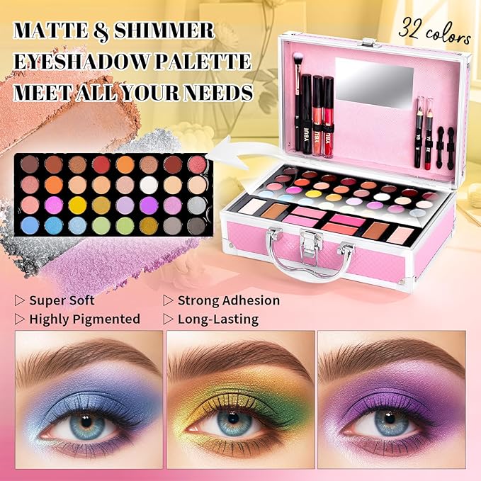 Beginner Makeup Kit for Teen,Makeup Gift Set for Girl Women,Beginner Makeup Kit with Cosmetic Train Case Included 32 Colors Eyeshadow Blusher Contour Lip Gloss Lip Liner Mascara Eyeliner Mirror