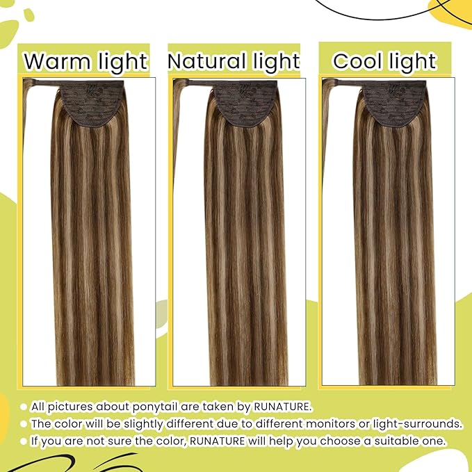 RUNATURE Real Hair Ponytail Extension, Clip in Ponytail Extension Human Hair with Magic Paste, Straight Soft Remy Human Hair Pony Tail, 16 Inch 80g #3P12 Walnut Brown Highlight Caramel Blonde