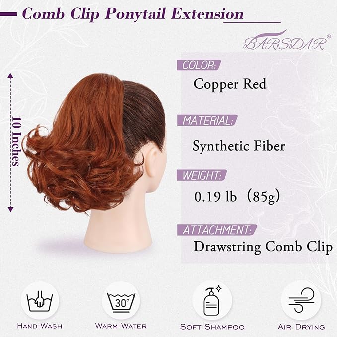 BARSDAR Copper Red Ponytail Extension - 10 Inch Short Wavy Drawstring Ponytail Hair Extensions for Women - Synthetic Comb Clip in Ponytail Hairpieces Fake Pony Tails - Copper Red