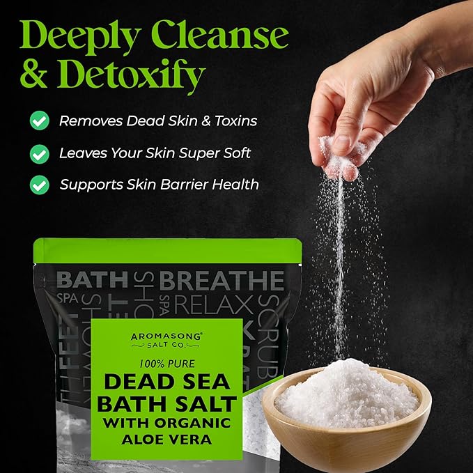 Aromasong Dead Sea Salt with Organic Aloe Vera, Spa Bath Salts, 5 Lbs Fine Bulk resealable Pack, 100% Pure & Natural, Soak for Women & Men for Tired Muscles & Skin Issues (Packaging May Vary)