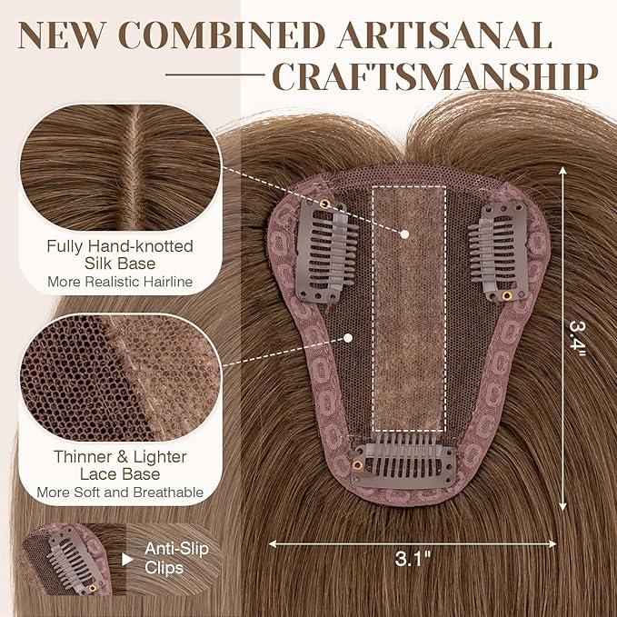 S-noilite Hair Toppers for Women Real Human Hair 3D 360° Cover Clip in 100% Real Human Hair Toppers 3″*4″ Clip in Silk Base 12 inch Meduim Brown