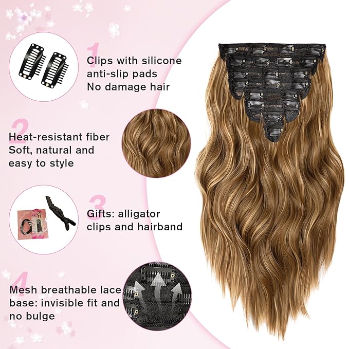 Hair Extensions for Women, 8PCS 16 Inch Chestnut Brown Clip in Hair Extensions Mix Blonde, Synthetic Wavy Clip Ins, Full Head Thick Hairpieces for Women