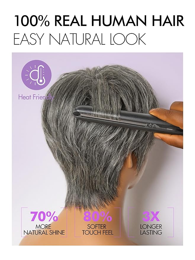 LUVME HAIR Ultra Comfort Salt & Pepper Gray Wigs Throw On & Go Short Pixie Cut with Bangs 5 Inches Skin Friendly Cotton Cap 100% Real Human Hair Glueless Wig Glueless Wig Hair Full Machine Made